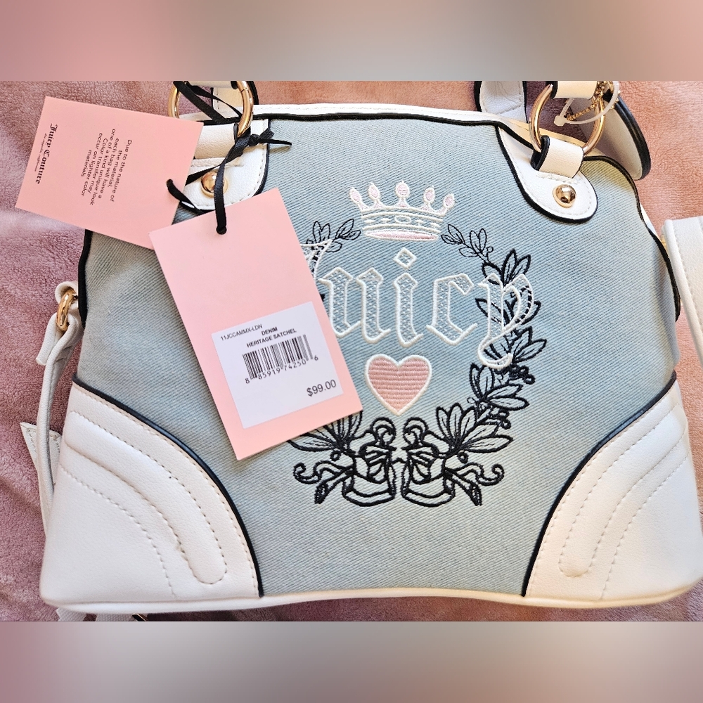 Juicy Couture Denim Heritage Satchel Blue & White with Heart Charm - Picture 2 of 11